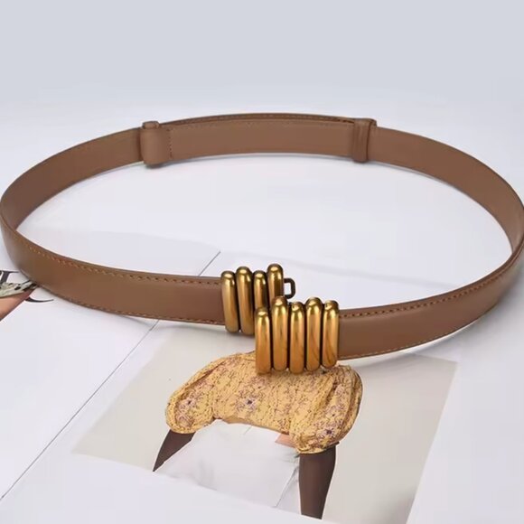 ✨ Elegant Brown Leather Slim Belt with Gold Coil Accent ✨ - Picture 2 of 2